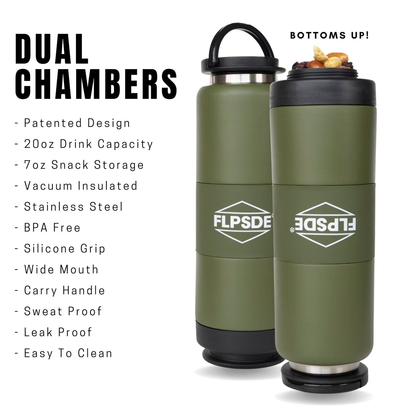 FLPSDE Dual Chamber Water Bottle with Snack Storage